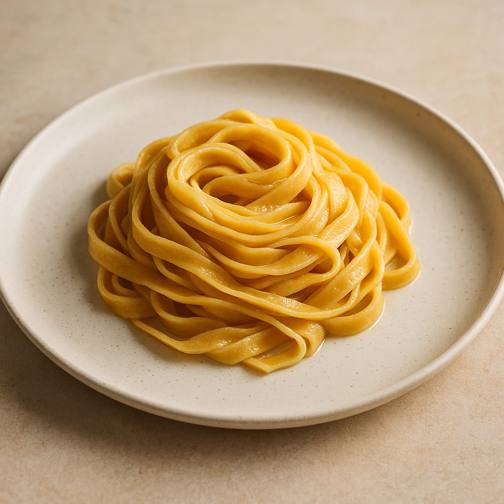Fresh homemade tagliatelle pasta nest arranged on minimal white plate