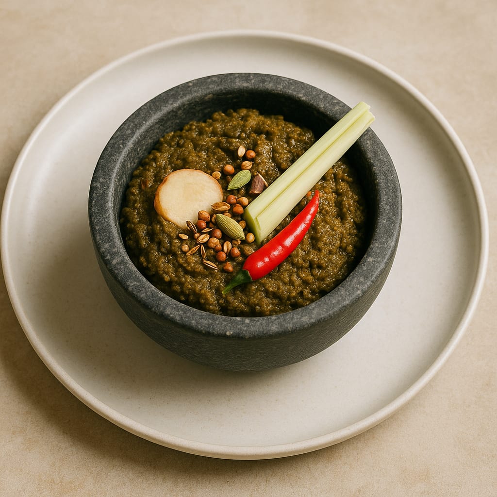 Thai curry paste made with fresh spices in stone mortar