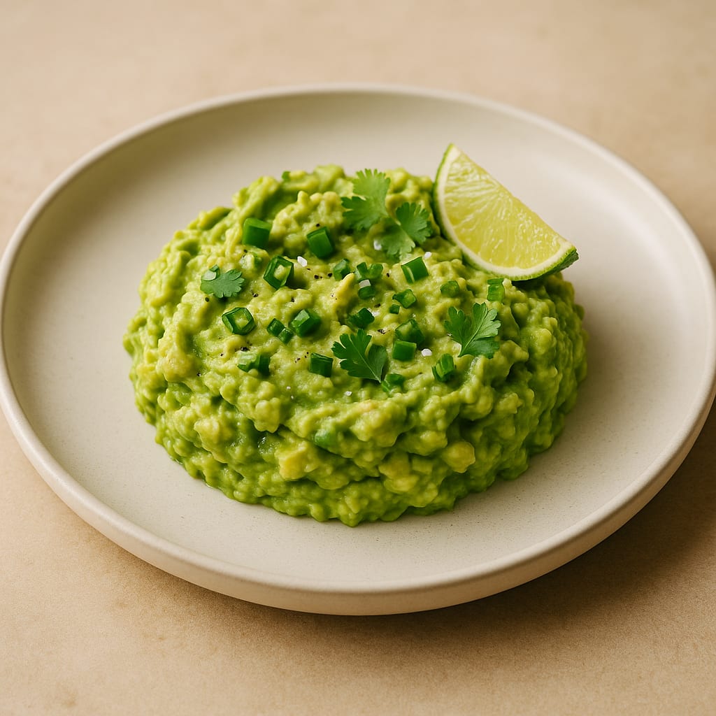Vibrant green mashed avocado guacamole topped with cilantro, lime wedge, and chives