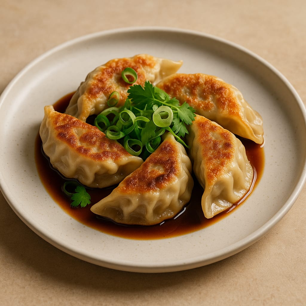 Golden pan-fried gyoza dumplings with scallions and cilantro on white plate