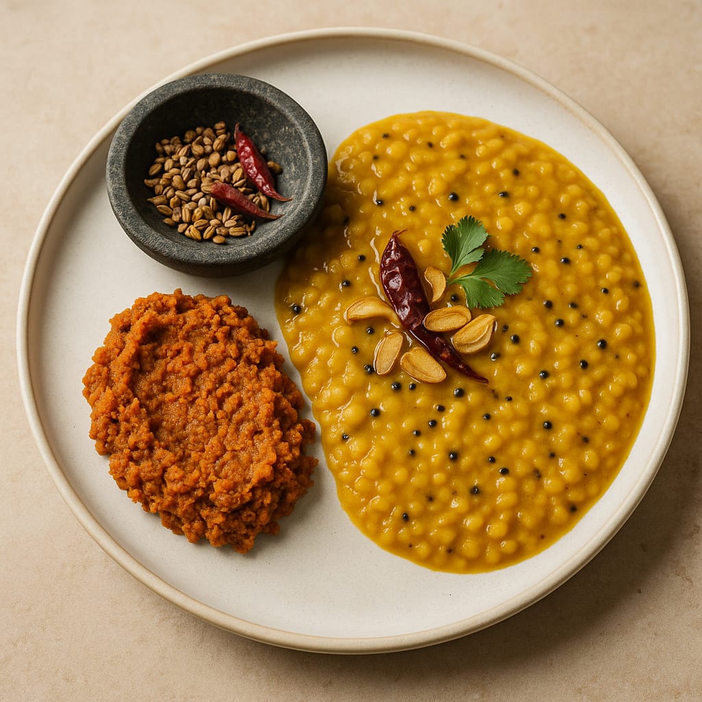 Traditional yellow dal with hand-ground curry paste and whole spices