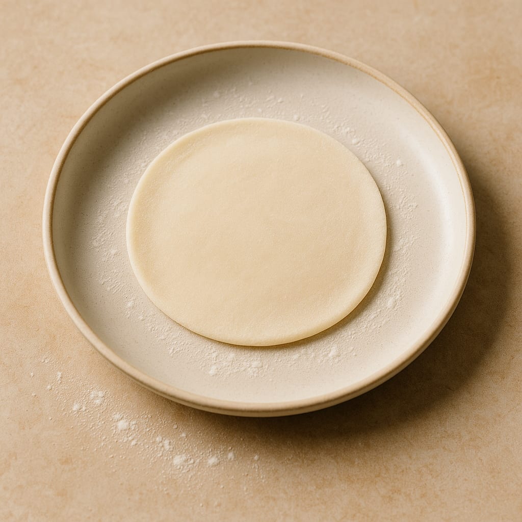Hand-rolled dough disc on ceramic plate with dusted flour