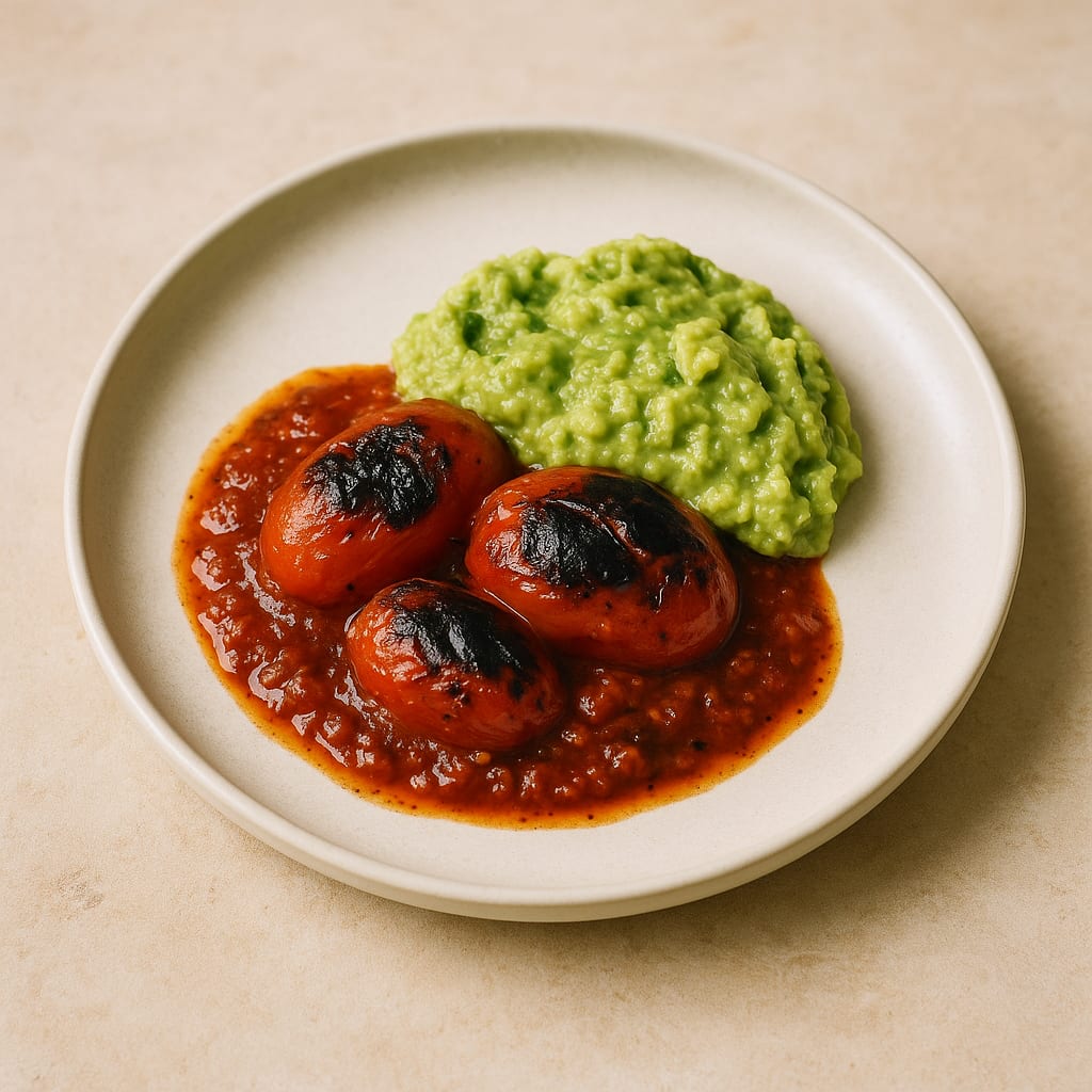 Charred tomatoes in smoky chipotle salsa with fresh green guacamole