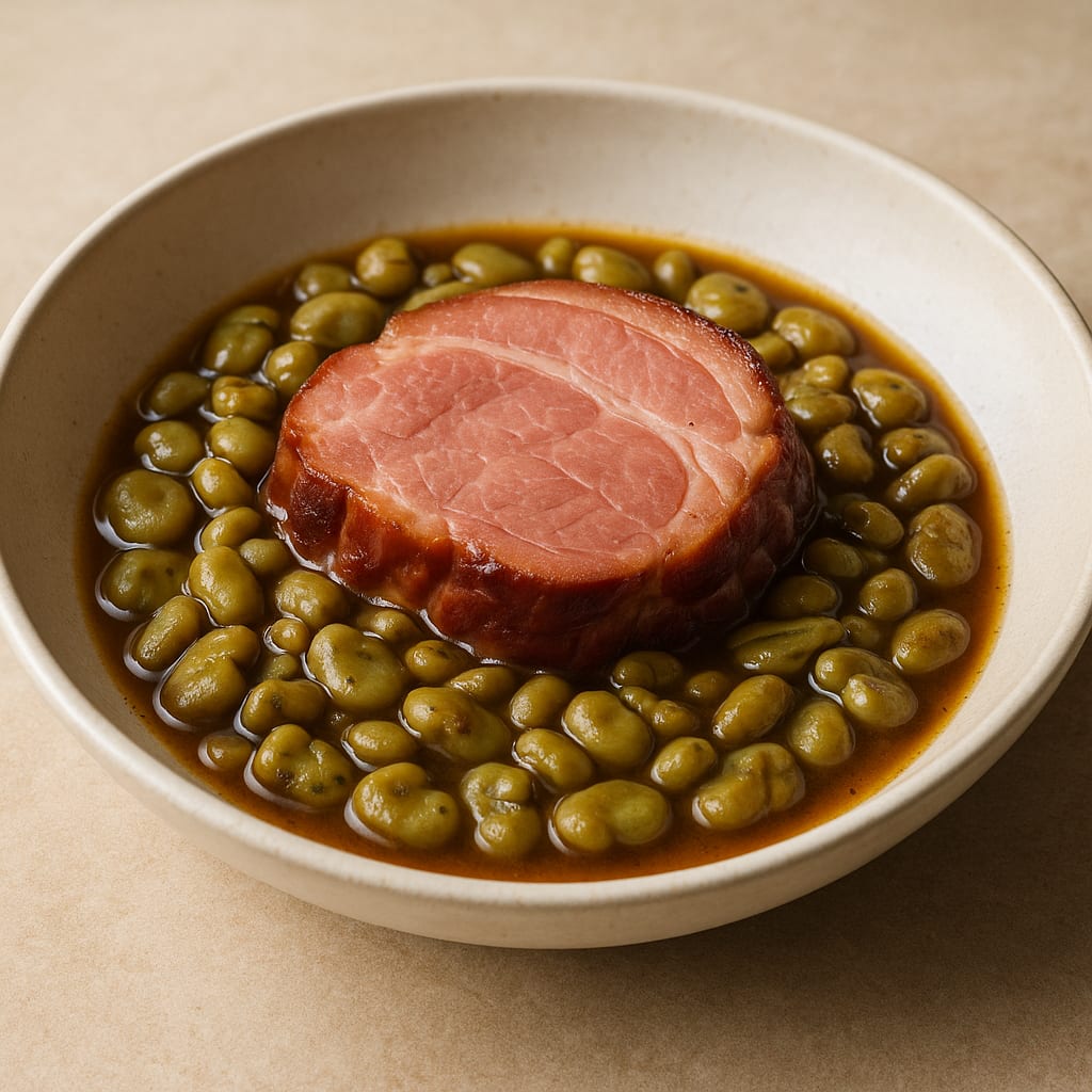 Échine de porc fumée sur fèves dans un bouillon aromatique
