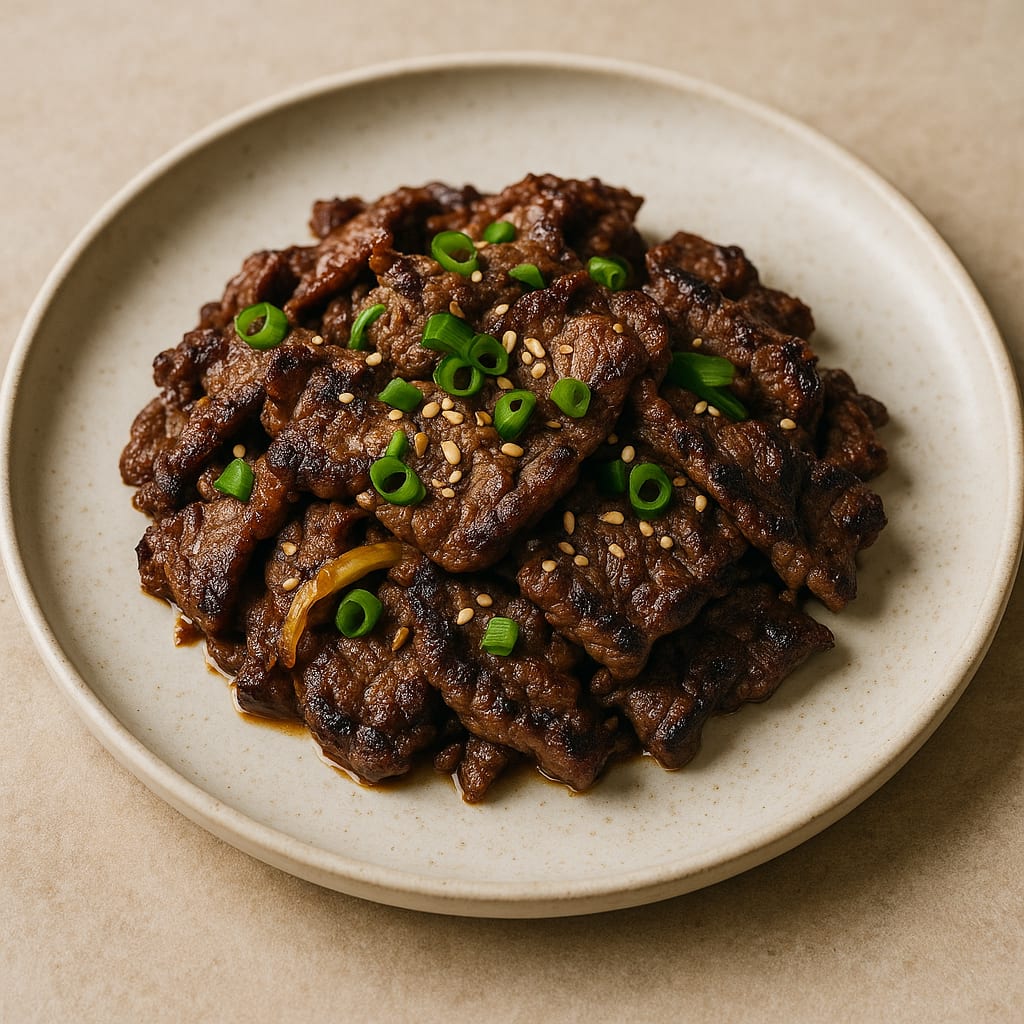 Korean BBQ bulgogi beef strips topped with sesame seeds and green onions