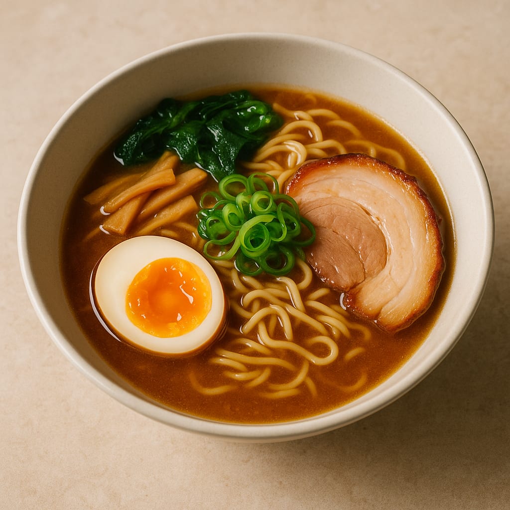 Bowl of miso ramen with soft-boiled egg, pork, and noodles in broth