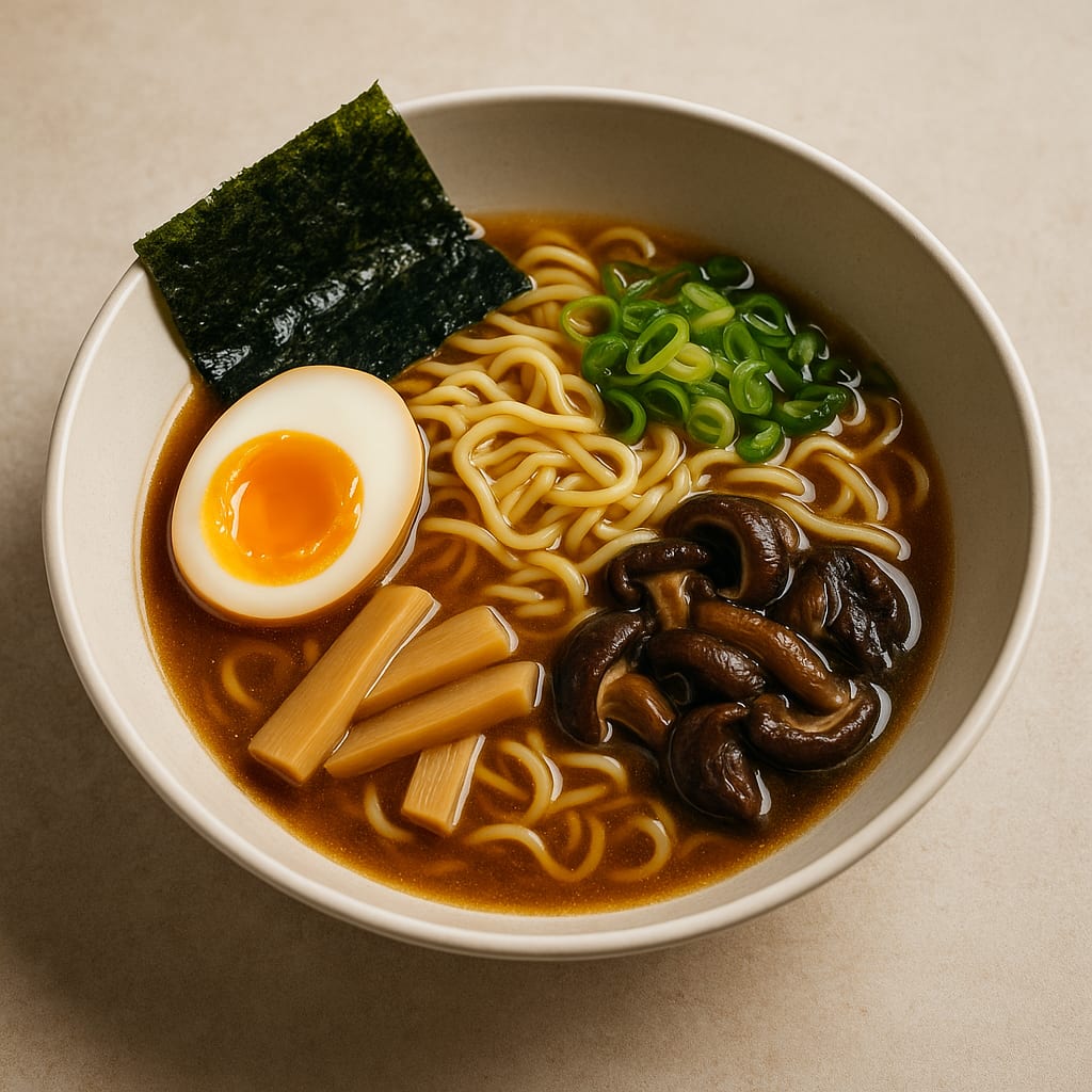 Bowl of miso ramen with soft boiled egg, nori, mushrooms and scallions