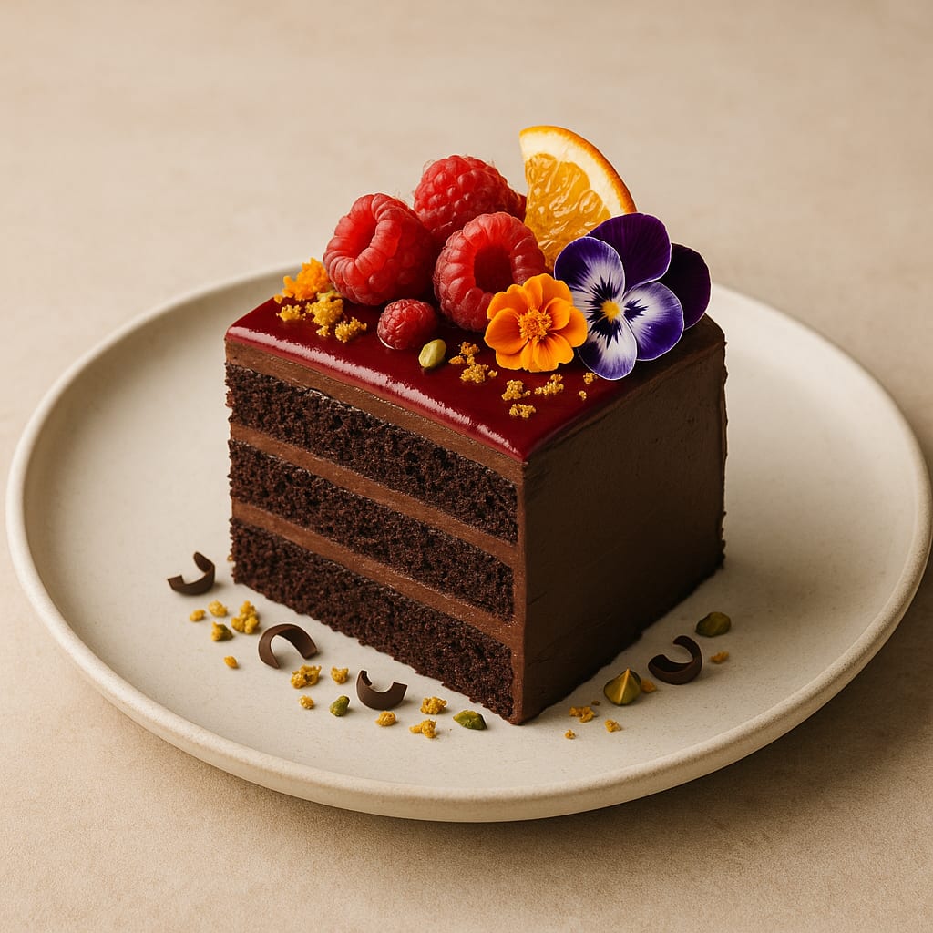 Elegant chocolate layer cake decorated with fresh raspberries and edible flowers