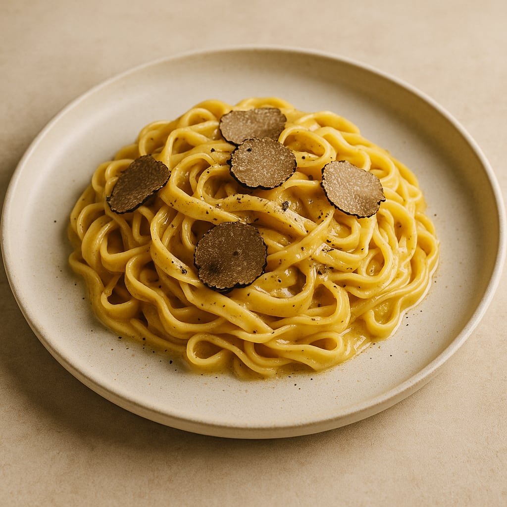 Fresh pasta with thinly sliced black truffle on white plate