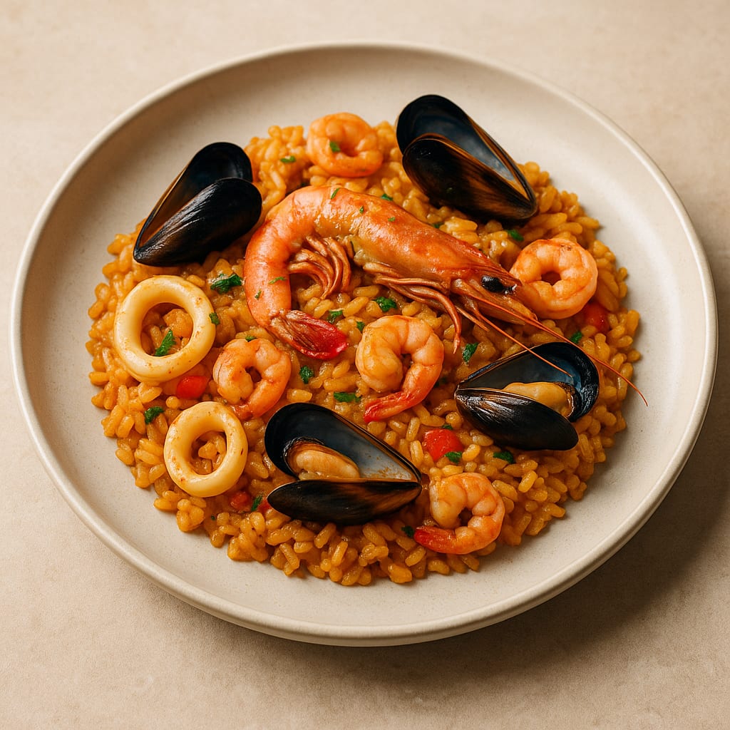 Paella espagnole aux fruits de mer avec moules, crevettes, calamars et riz au safran