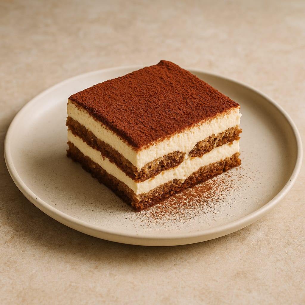 Layered tiramisu dessert with cocoa powder dusting on white plate