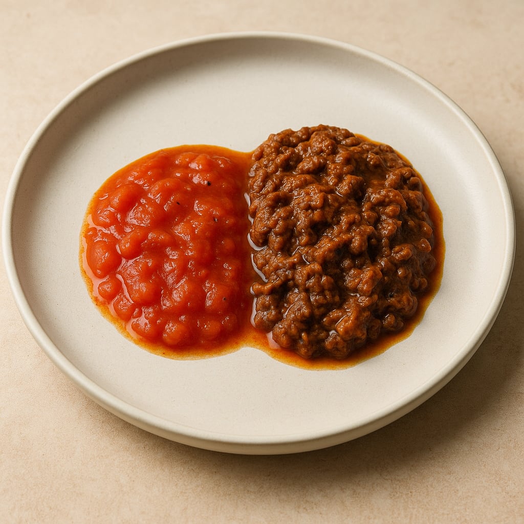 Fresh tomato sauce and slow-braised meat ragù side by side on white plate