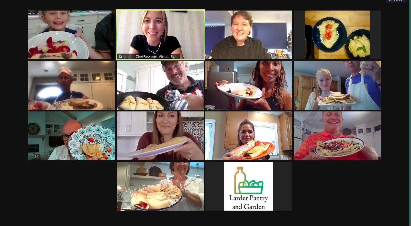 Virtual cooking class participants displaying their homemade dishes on video call with ChefPassport instructor