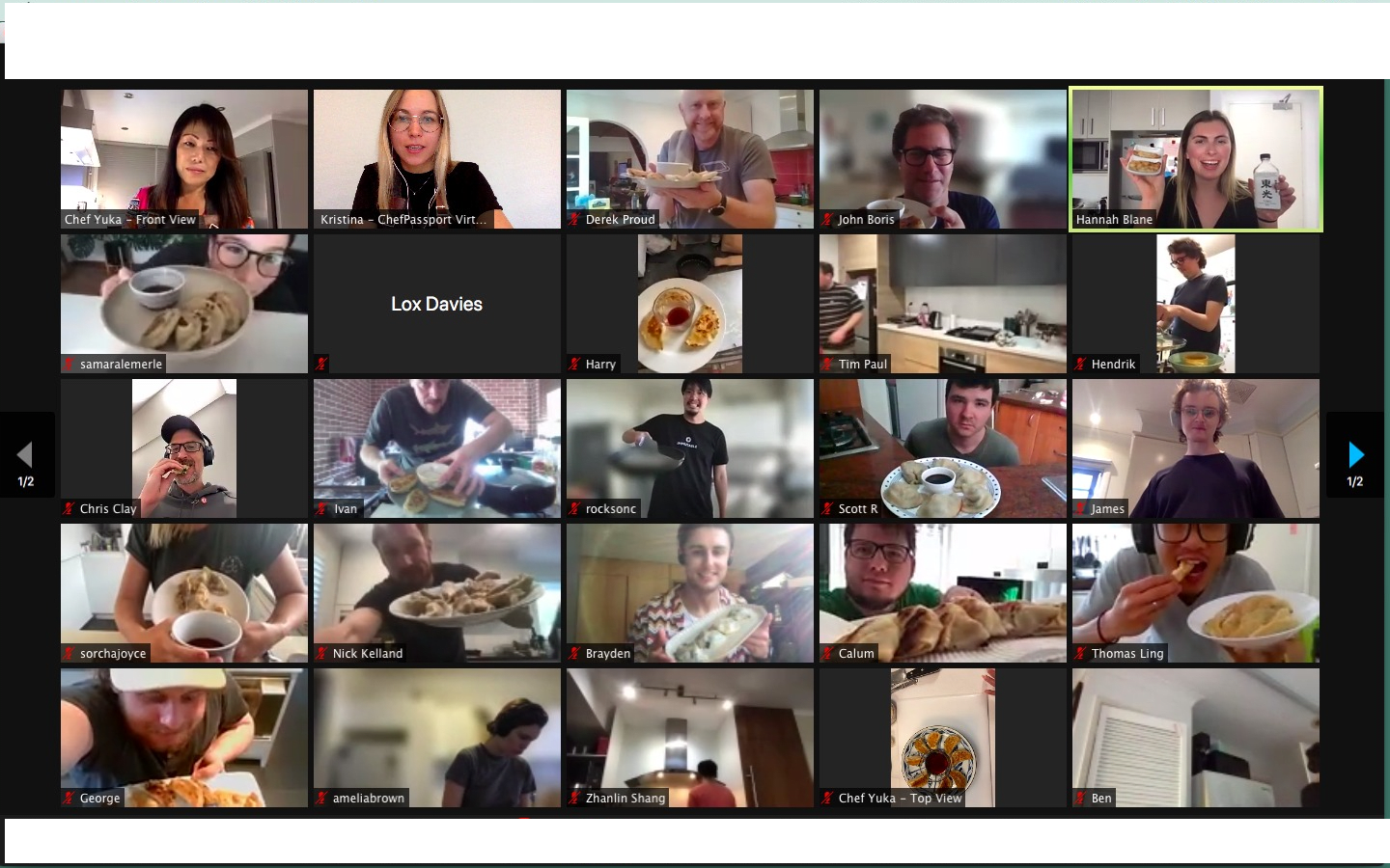 Video call screenshot showing multiple people cooking and eating dumplings together remotely