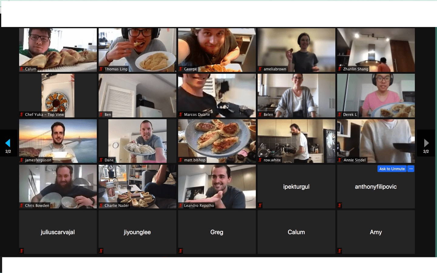 Video conference call showing multiple people eating meals and cooking together remotely