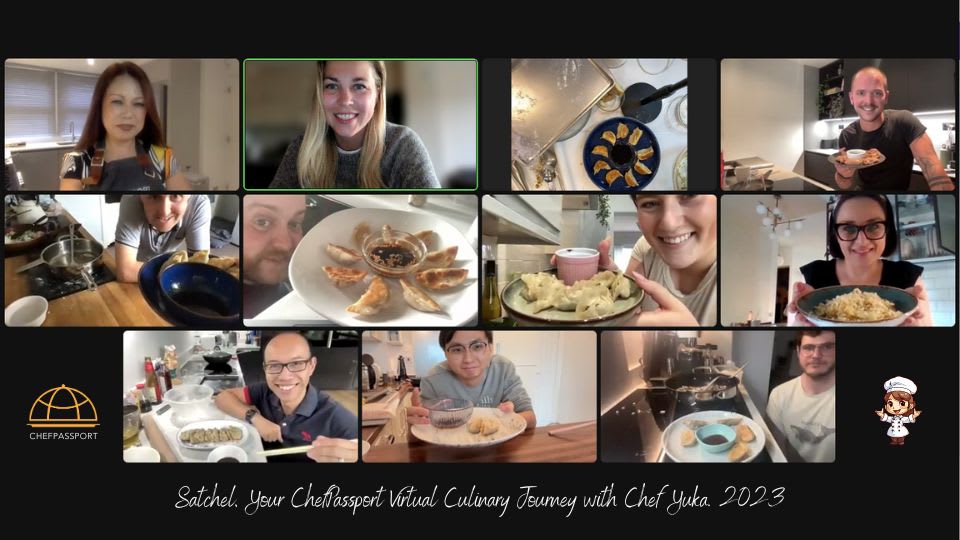 Virtual cooking class with Chef Yuka showing homemade dumplings on video call grid