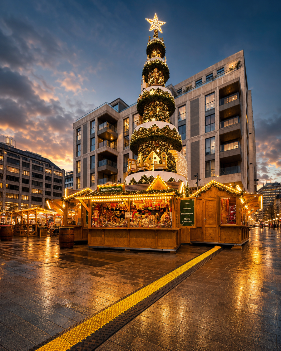 Christmas market with illuminated tree tower and wooden stalls at dusk