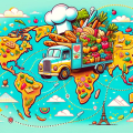 Colorful illustrated world map with food truck delivering fresh produce across continents