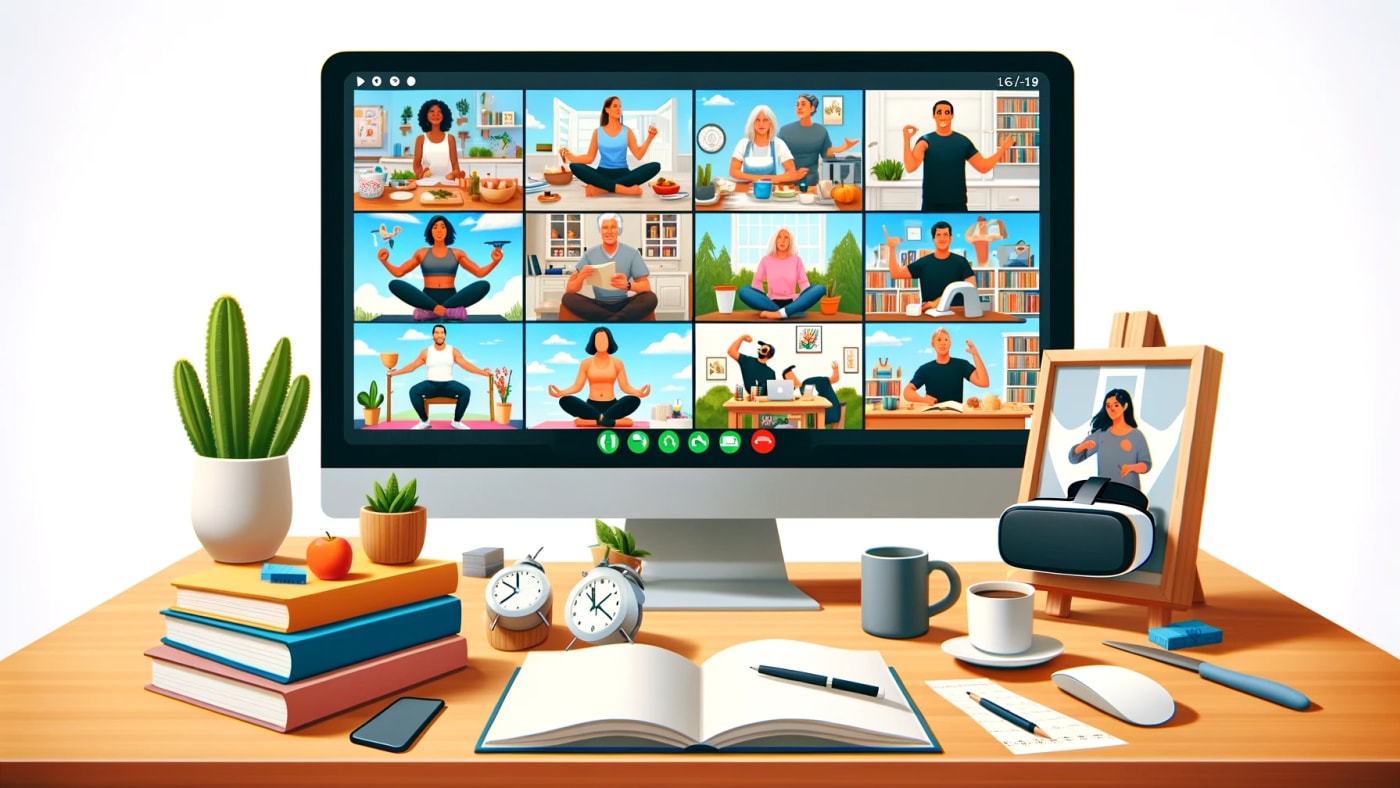 Online fitness class video call showing multiple people doing yoga and exercises
