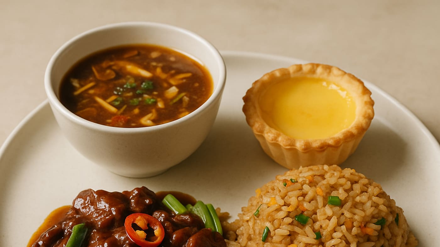 Chinese feast with fried rice, glazed meat, hot and sour soup, and egg tart