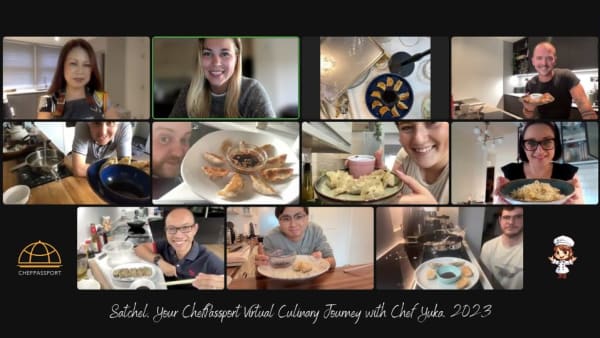 Virtual cooking class with Chef Yuka showing homemade dumplings on video call grid
