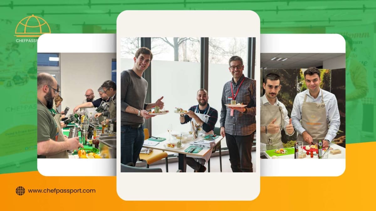 Team members participating in an interactive cooking team building session