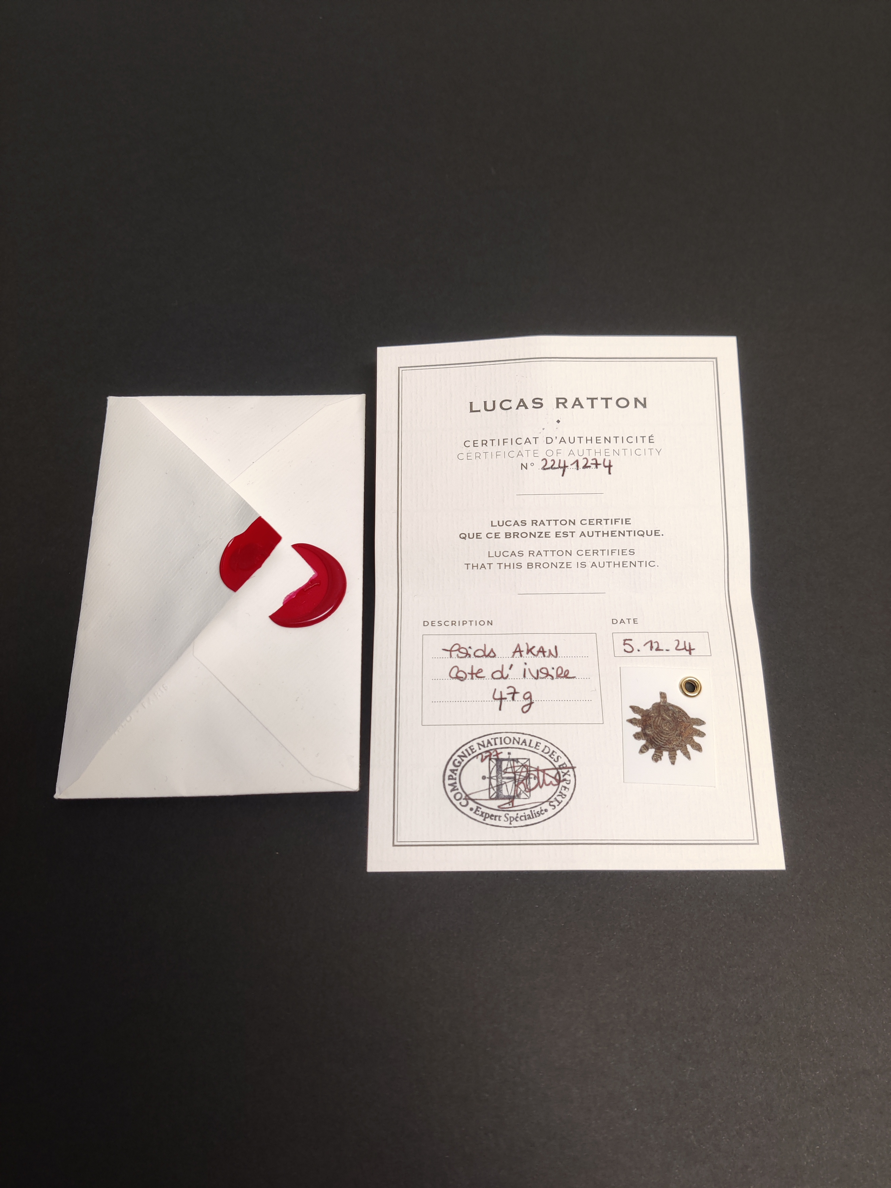 Example of certificate of authenticity