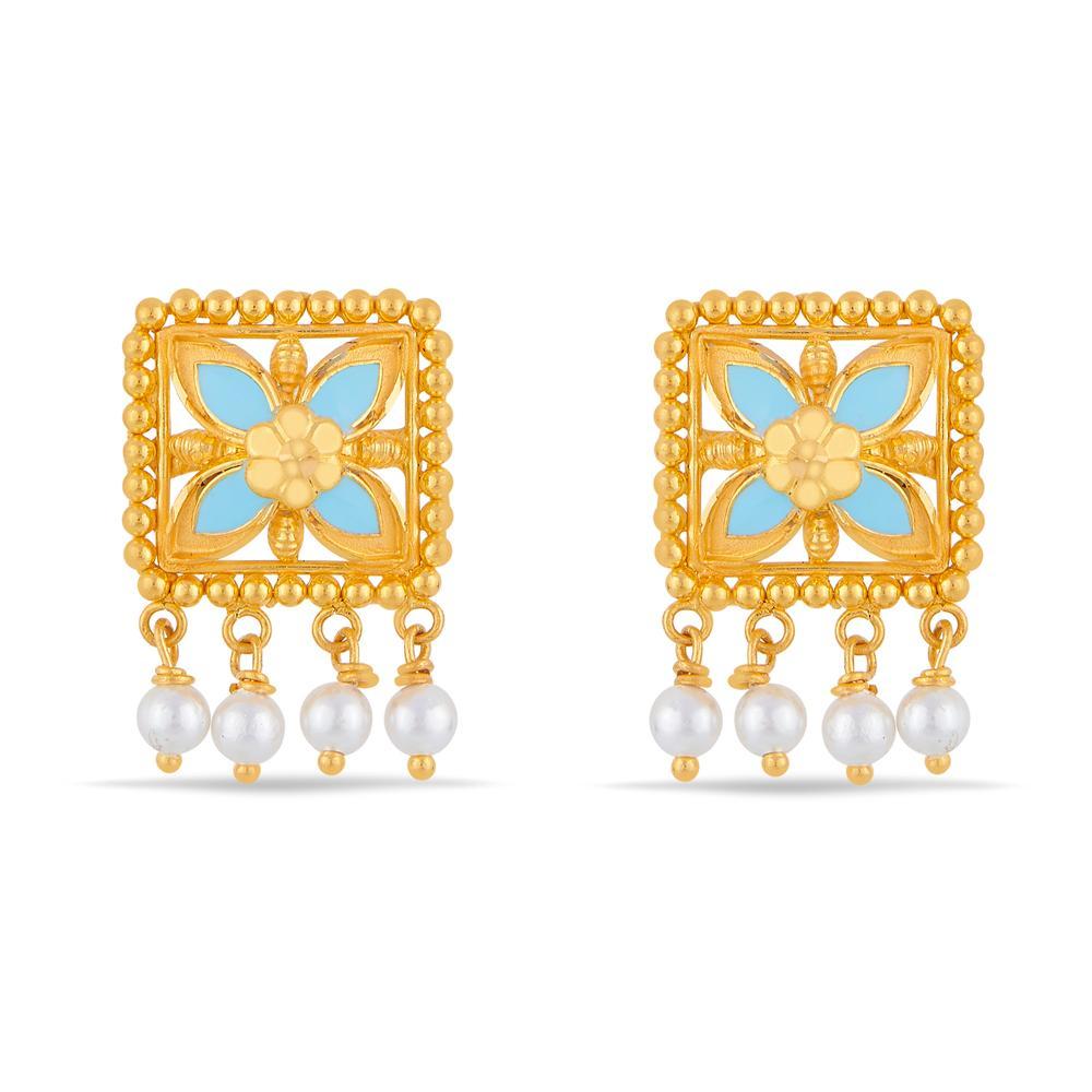 22 Karat Gold Floral Square Earrings with Pearls