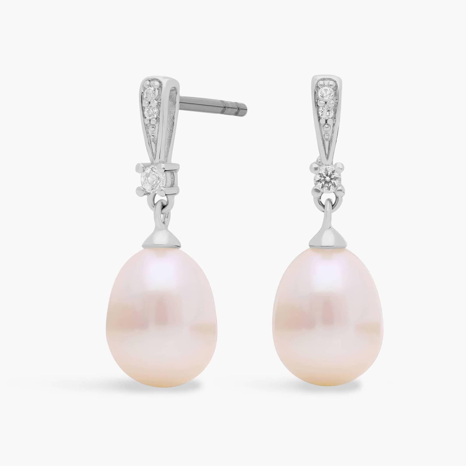 Freshwater Pearl and White Topaz Drop Earrings in Sterling Silver (7mm)