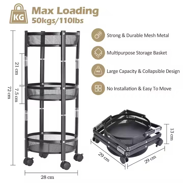 Chariot Pliable 3 Niveaux - Noir - vue alternative