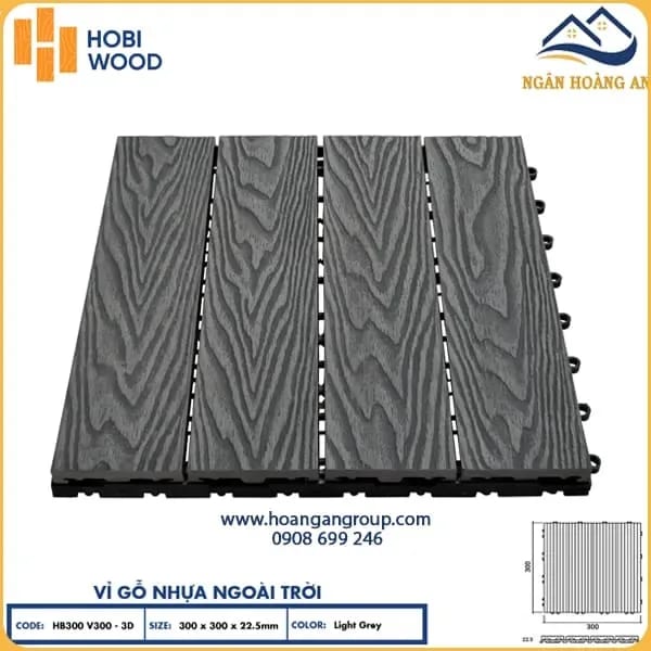 Vỉ Gỗ Nhựa Ngoài Trời Hobi Wood Vân 3D Light Grey