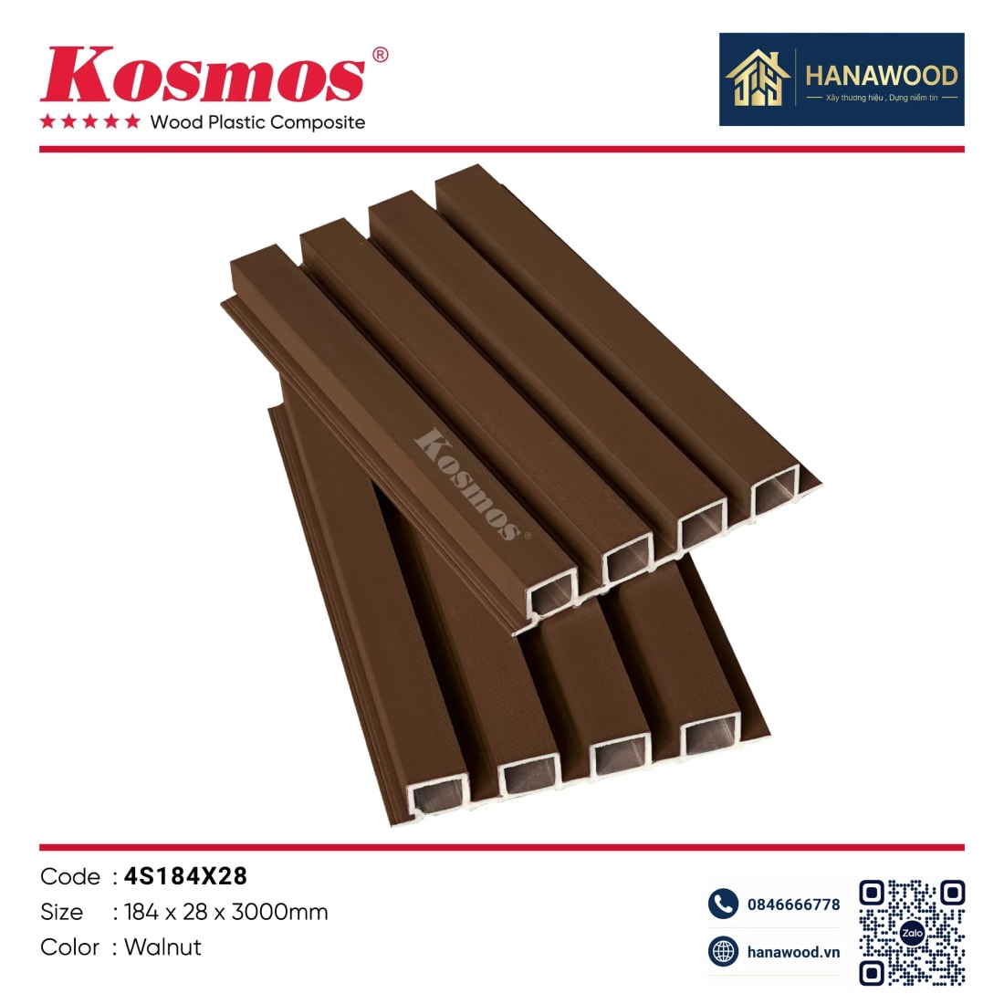 Tấm Ốp Trần Lam Sóng Ngoài Trời ASA Kosmos 4S184X28 Walnut - Hanawood TP.HCM