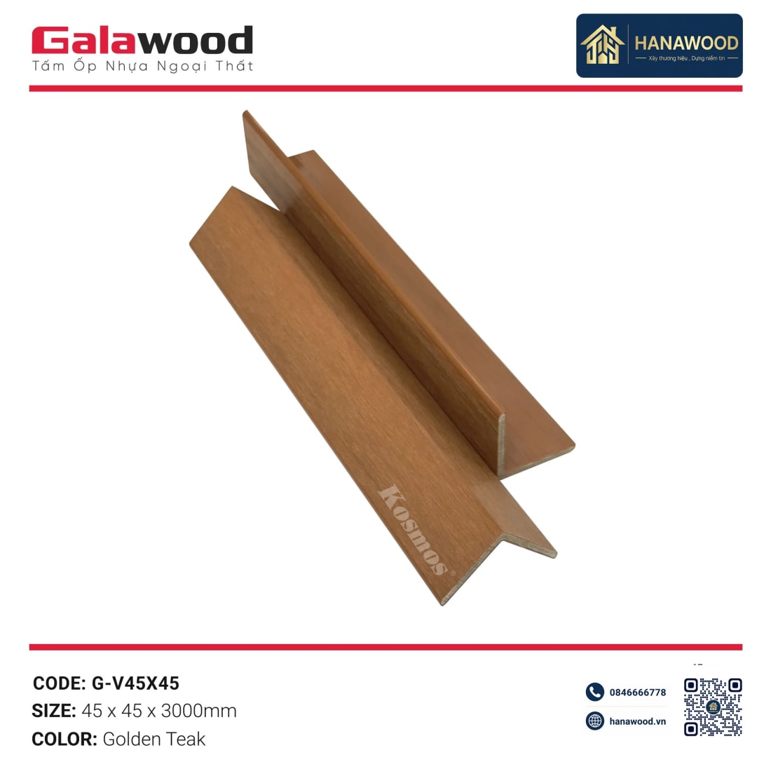 Nẹp Góc V Gỗ Nhựa Ngoài Trời ASA Galawood G-V45X45 Golden Teak - Hanawood TP.HCM