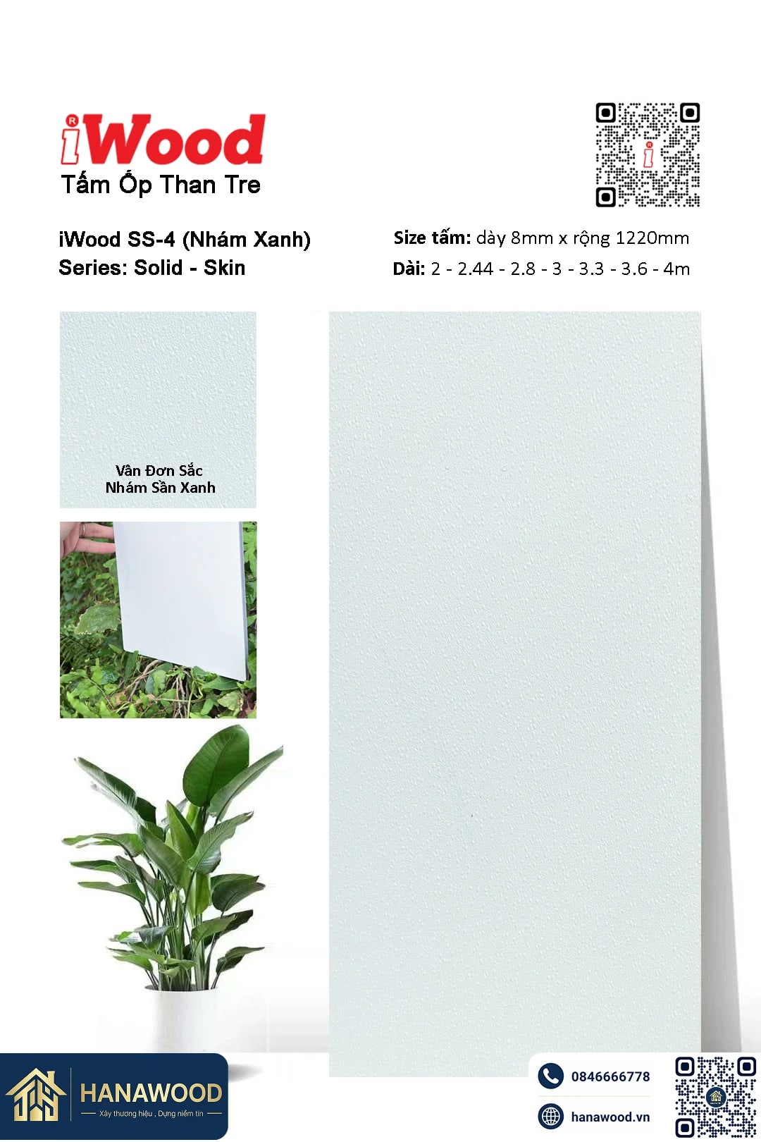 Tấm Ốp Trần Tấm Ốp Than Tre Vân Đơn Sắc Nhám Sần Xanh  iWood SS-4 - Hanawood TP.HCM