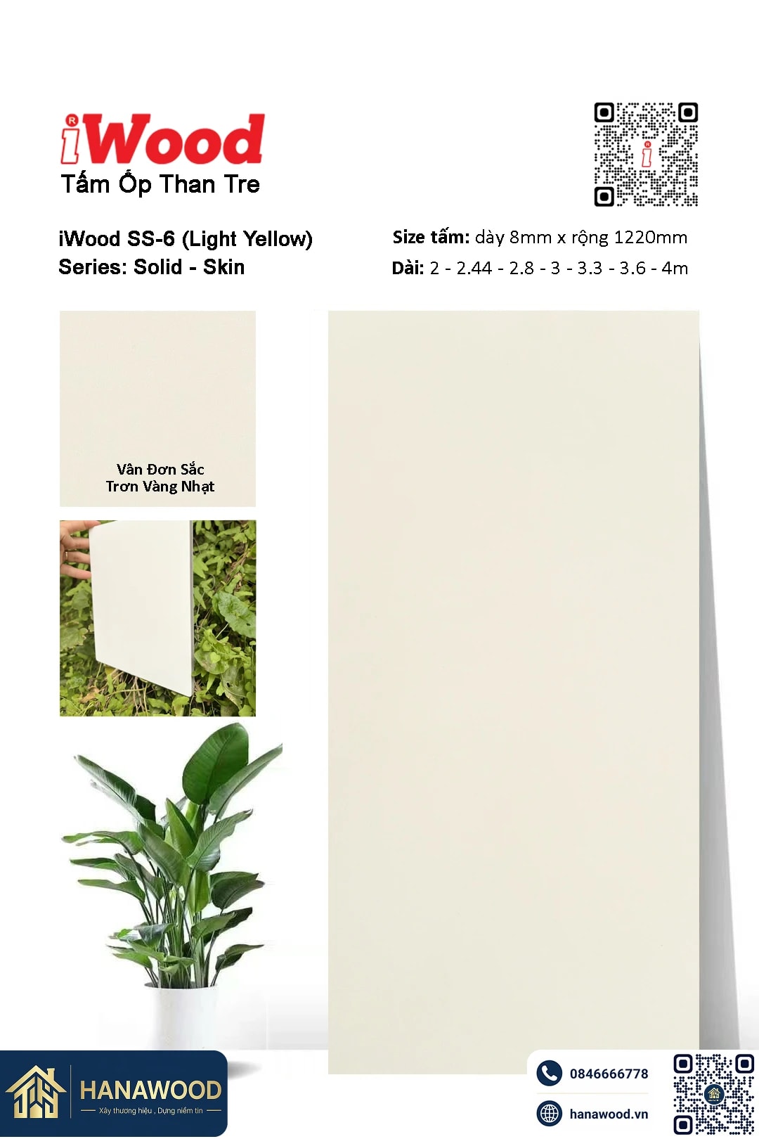 Tấm Ốp Trần Than Tre Vân Đơn Sắc Trơn Vàng Nhạt iWood SS-6 - Hanawood TP.HCM