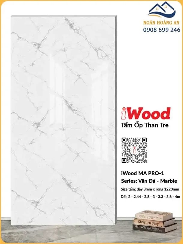 Tấm Ốp Than Tre iWood MA PRO-1 Vân Đá Trắng Xám Nhạt