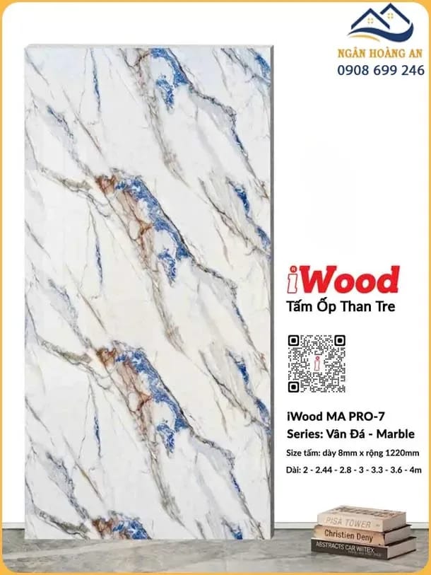 Tấm Than Tre Ốp Trần iWood MA PRO-7 Vân Đá Trắng Xanh Nâu