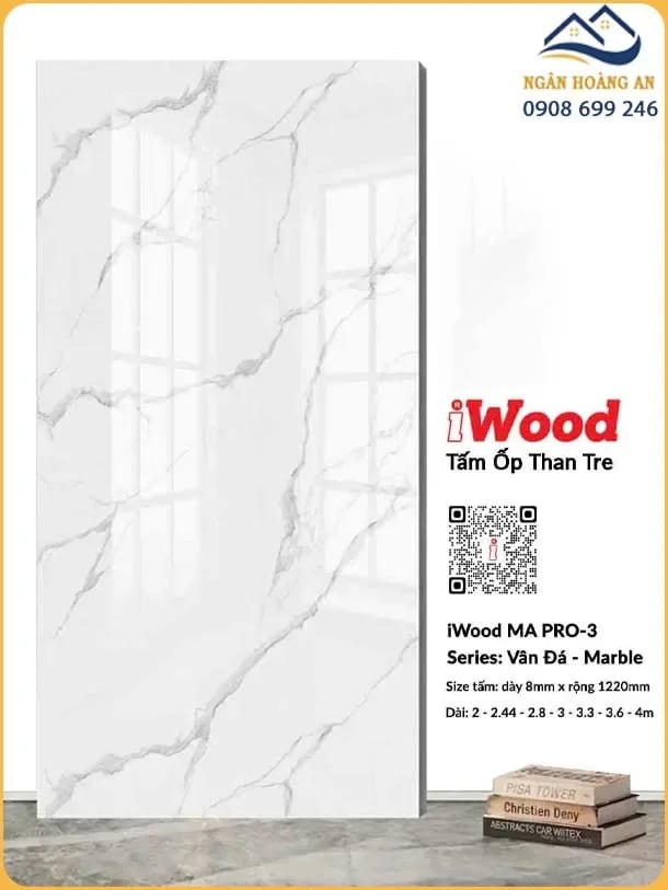Tấm Than Tre Ốp Tường iWood MA PRO-3 Vân Đá Calacatta Mảnh