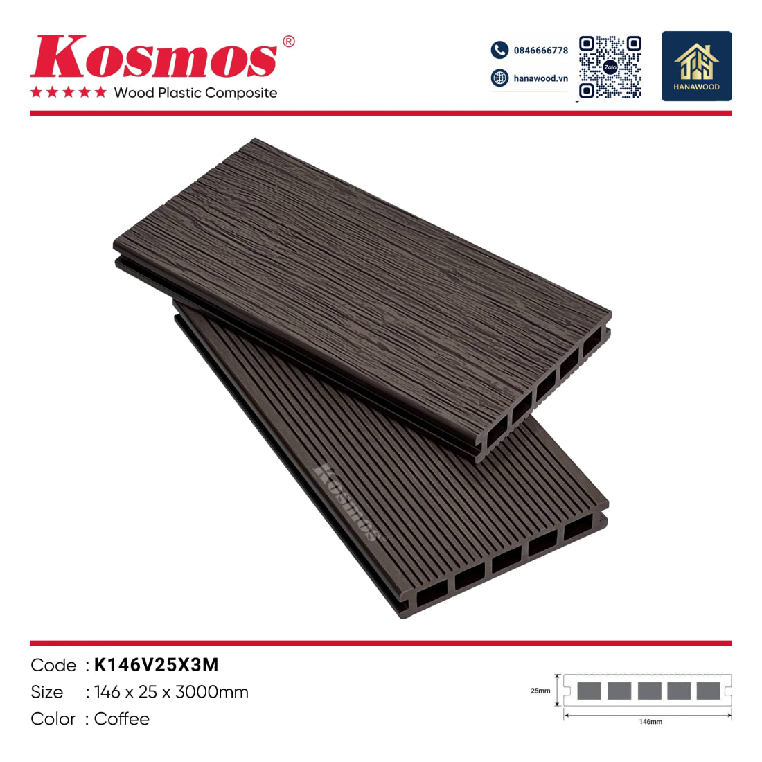 Sàn Kosmos 5 Lỗ Vuông Vân 3D K146V25 Coffee - Hanawood Bình Chánh TP.HCM