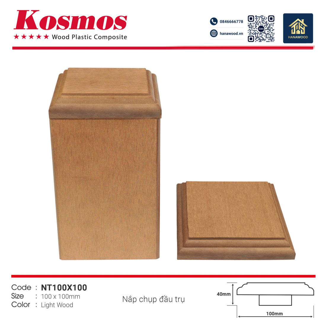 Nắp Bịt Đầu Trụ Pergola Kosmos NT100X100 Light Wood - Hanawood Bình Tân TP.HCM