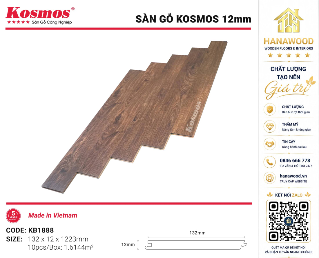 Lót Sàn Gỗ Kosmos KB1888 12mm Cao Cấp Hèm Khóa Chắc Chắn