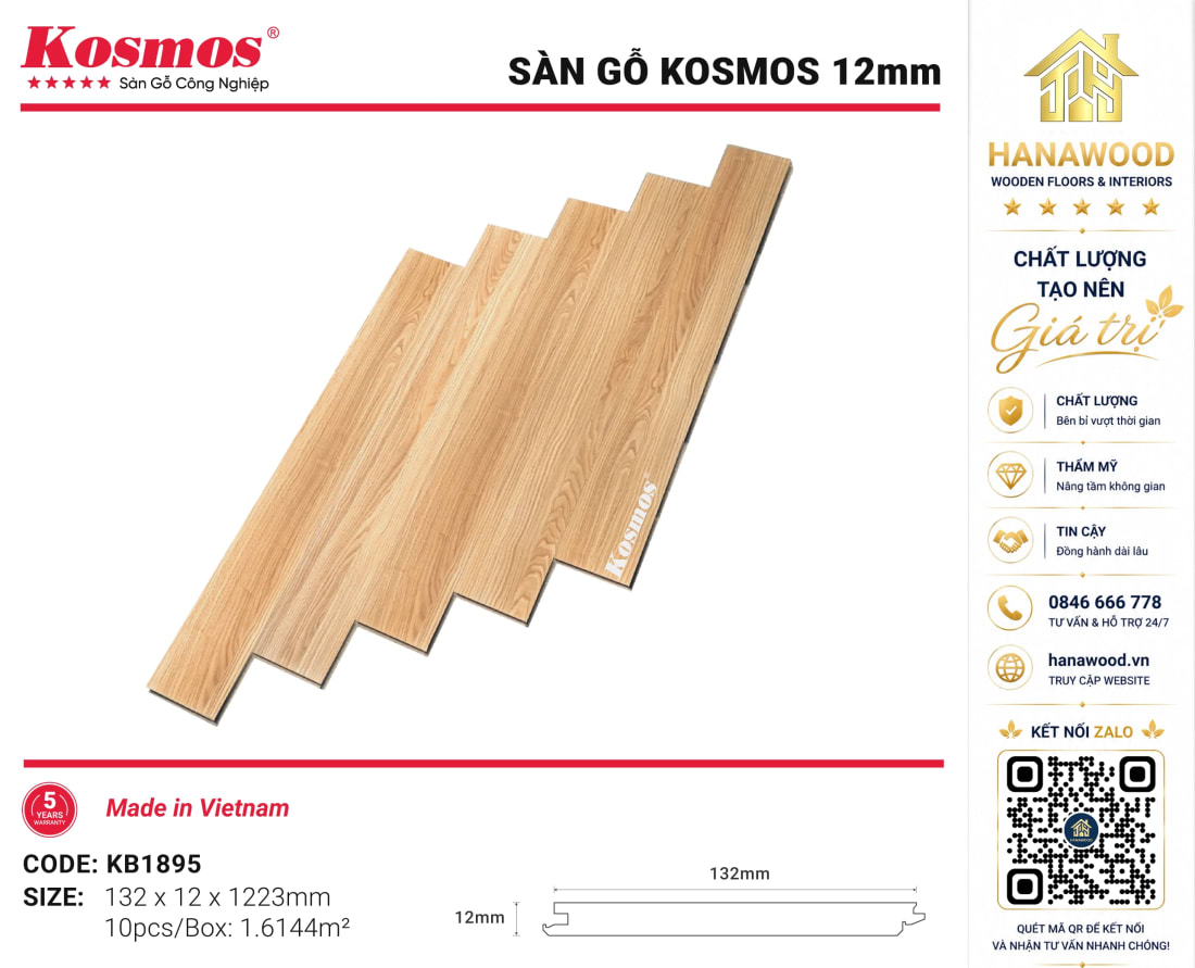 Lót Sàn Gỗ Kosmos KB1895 12mm Vân Gỗ Liền Mạch Tinh Tế