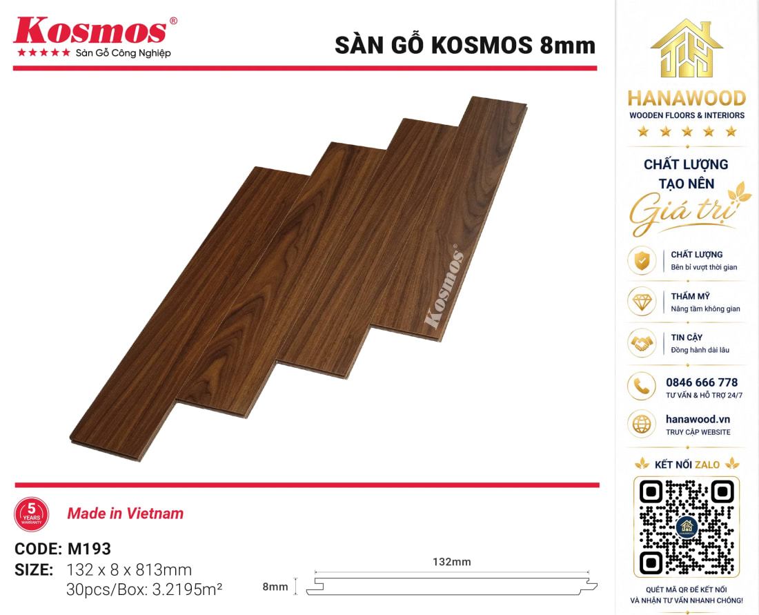 Lót Sàn Gỗ Kosmos M193 8mm Màu Nâu Cổ Điển Dễ Vệ Sinh