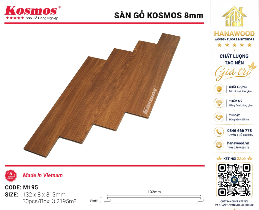 Lót Sàn Gỗ Kosmos M195 8mm Vân Gỗ Nghệ Thuật Độc Đáo