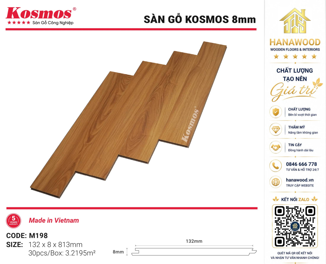 Lót Sàn Gỗ Kosmos M198 8mm Màu Gỗ Tự Nhiên Sang Trọng