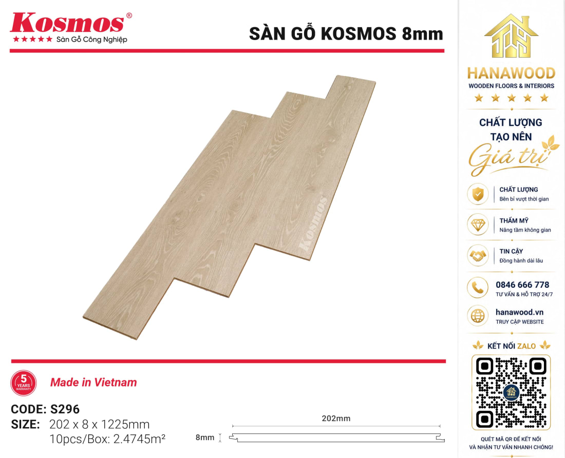 Lót Sàn Gỗ Kosmos S296 8mm Chống Bám Bẩn Bền Màu Theo Thời Gian