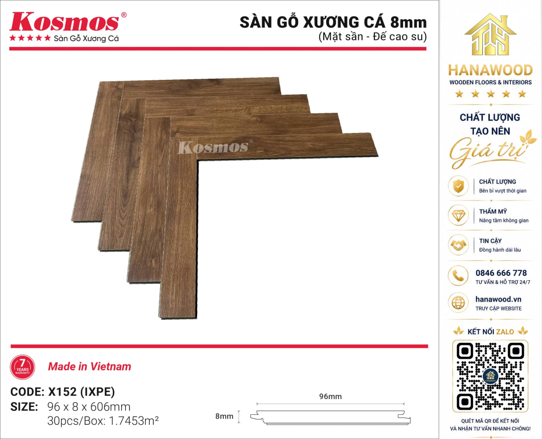 Lót Sàn Gỗ Xương Cá Kosmos X15-2 8mm Vân Gỗ Sang Trọng