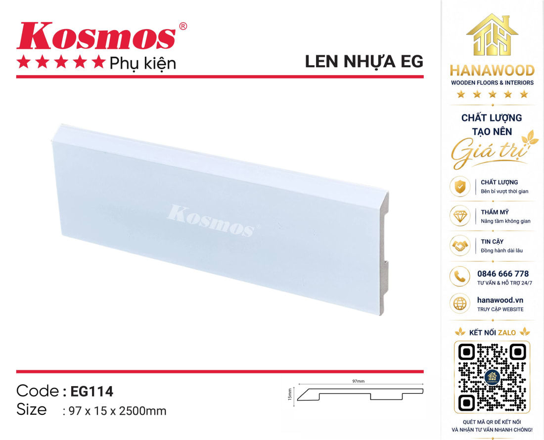 Len Chân Tường Nhựa PVC Kosmos EG114 Cao 97mm màu trắng trơn hiện đại