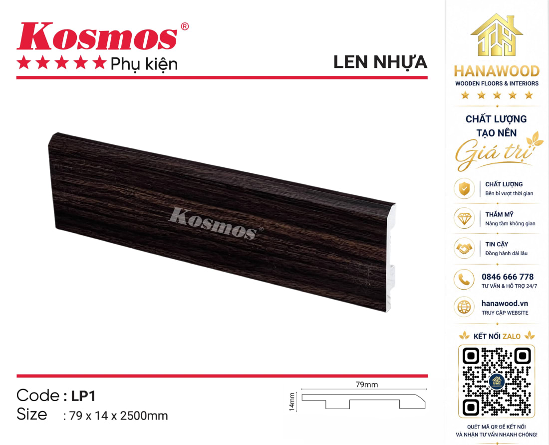 Len Chân Tường Nhựa Kosmos LP1 Cao 79mm giả gỗ sồi sáng