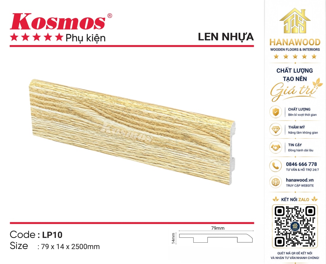 Len Chân Tường Nhựa PVC Kosmos LP10 Cao 79mm giả gỗ màu xám khói